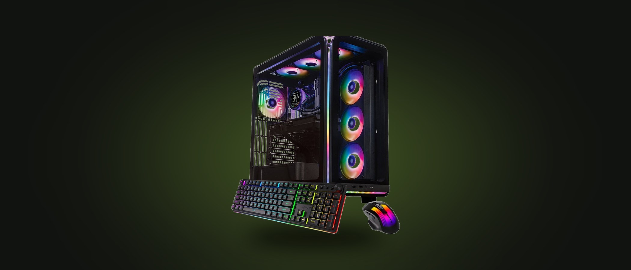 Liquid-cooled gaming desktop computer with RGB keyboard and mouse for a golf simulator