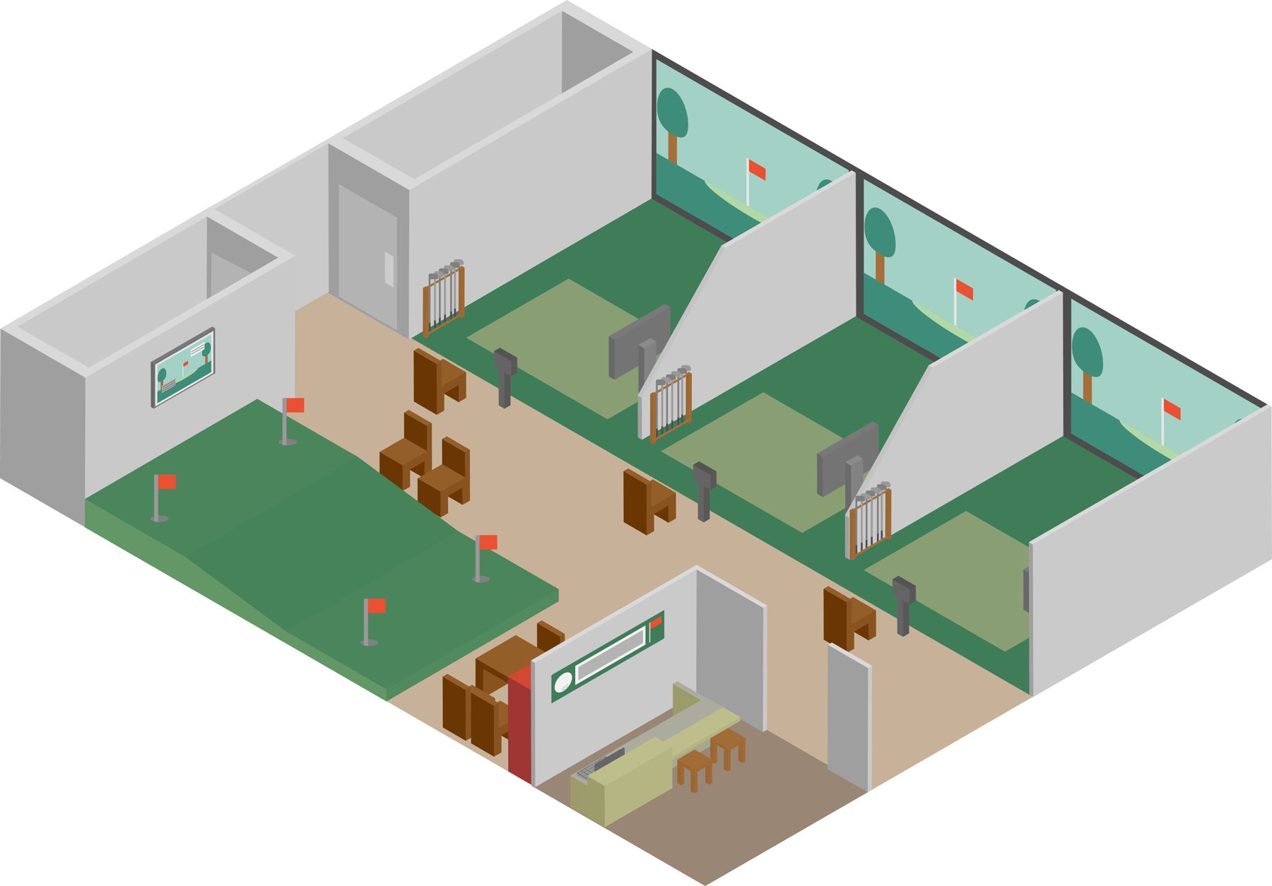 Illustrated floor plan of a golf simulator facility