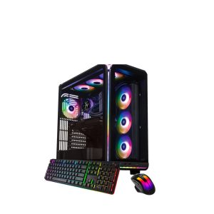 High-end liquid-cooled simulator desktop computer with RGB keyboard and mouse