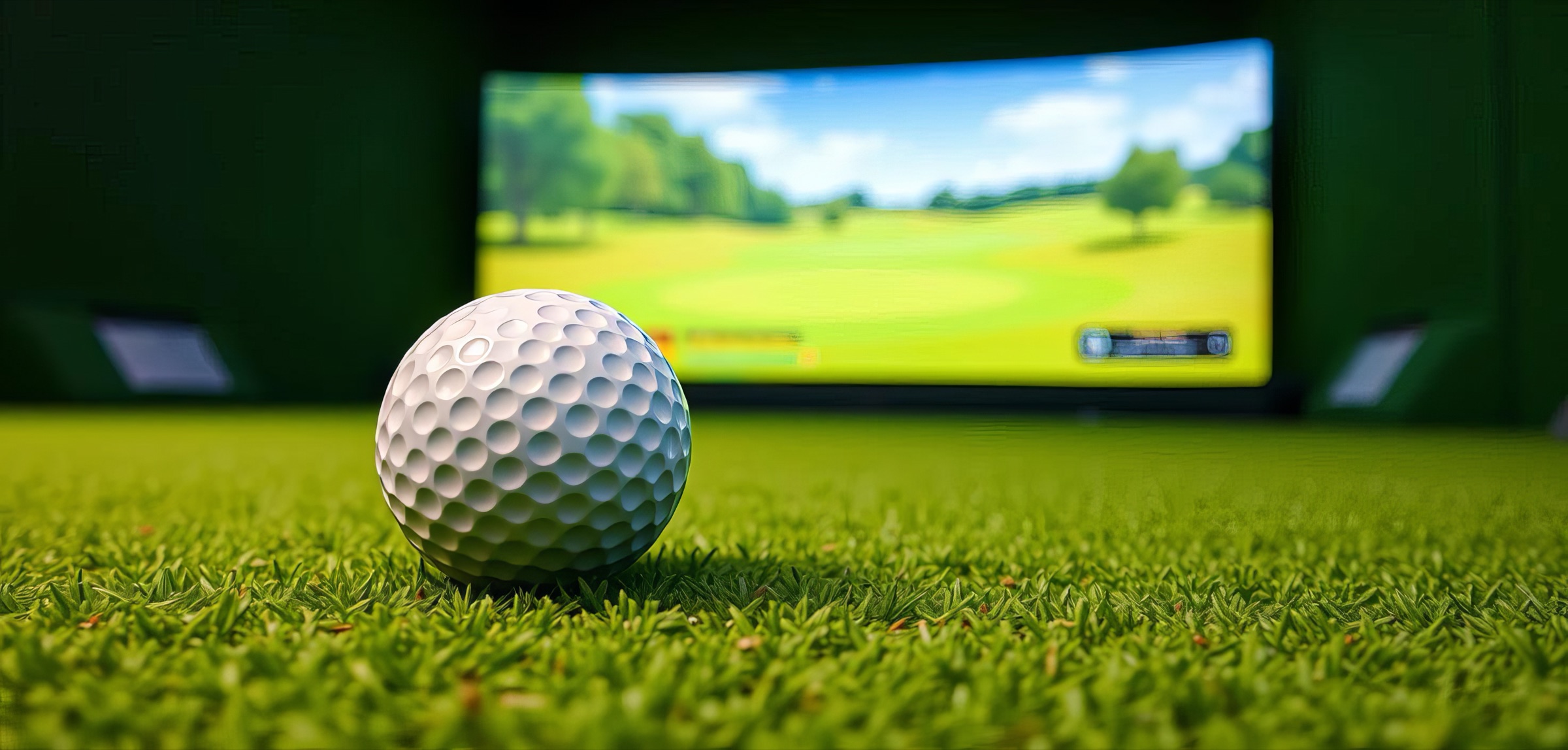 Golf ball on turf in front of a golf simulator screen