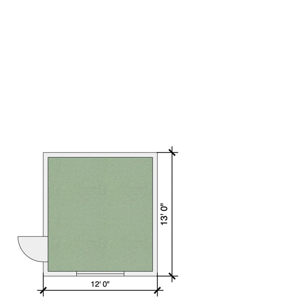 MiniSIM golf simulator shed floor plan, 12 by 13 feet, by Swing Stations