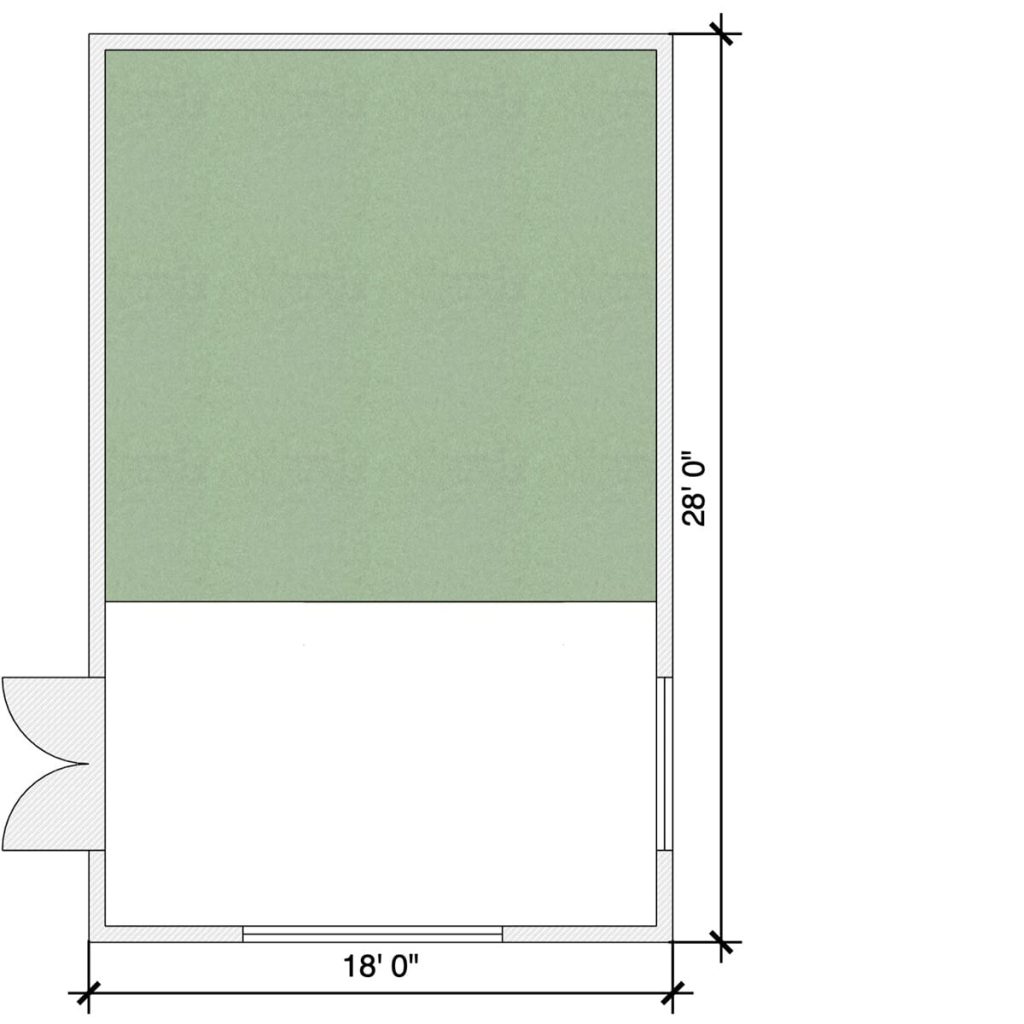 PartySIM golf simulator shed floor plan, 18 by 28 feet, by Swing Stations
