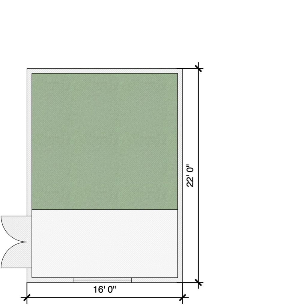 ProSIM golf simulator shed floor plan, 16 by 22 feet, by Swing Stations