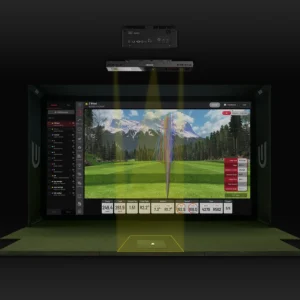 Uneekor EYE XO2 launch monitor mounted in a golf simulator